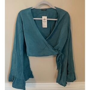 Kathmandu Imports Teal Wrap Crop Top Bell Sleeve Ruffle One Size Boho Festival